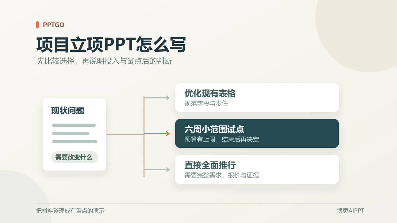 项目立项PPT中的备选方案、预算与试点计划