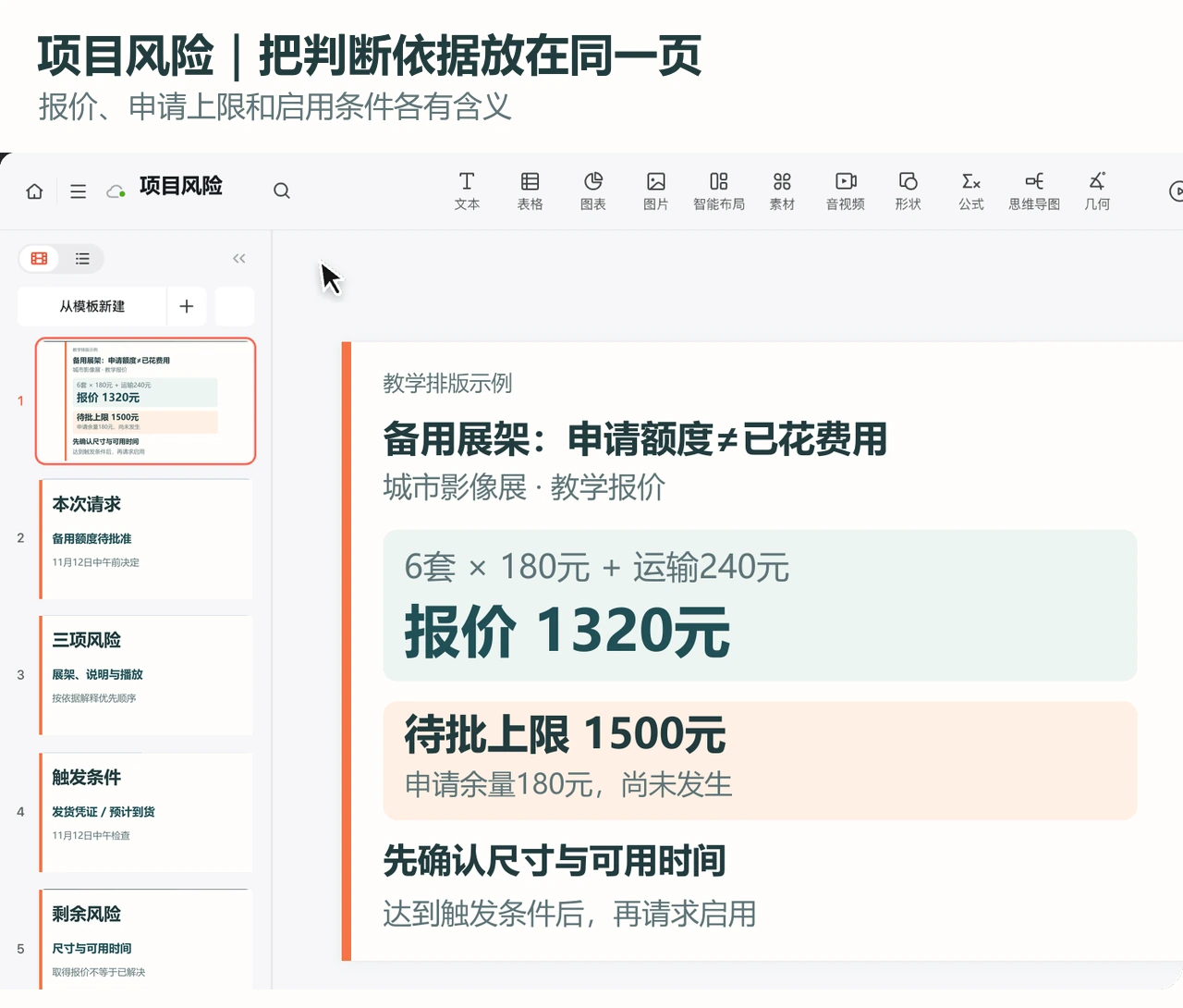 PPTGO编辑器中的备用展架报价和待批额度页
