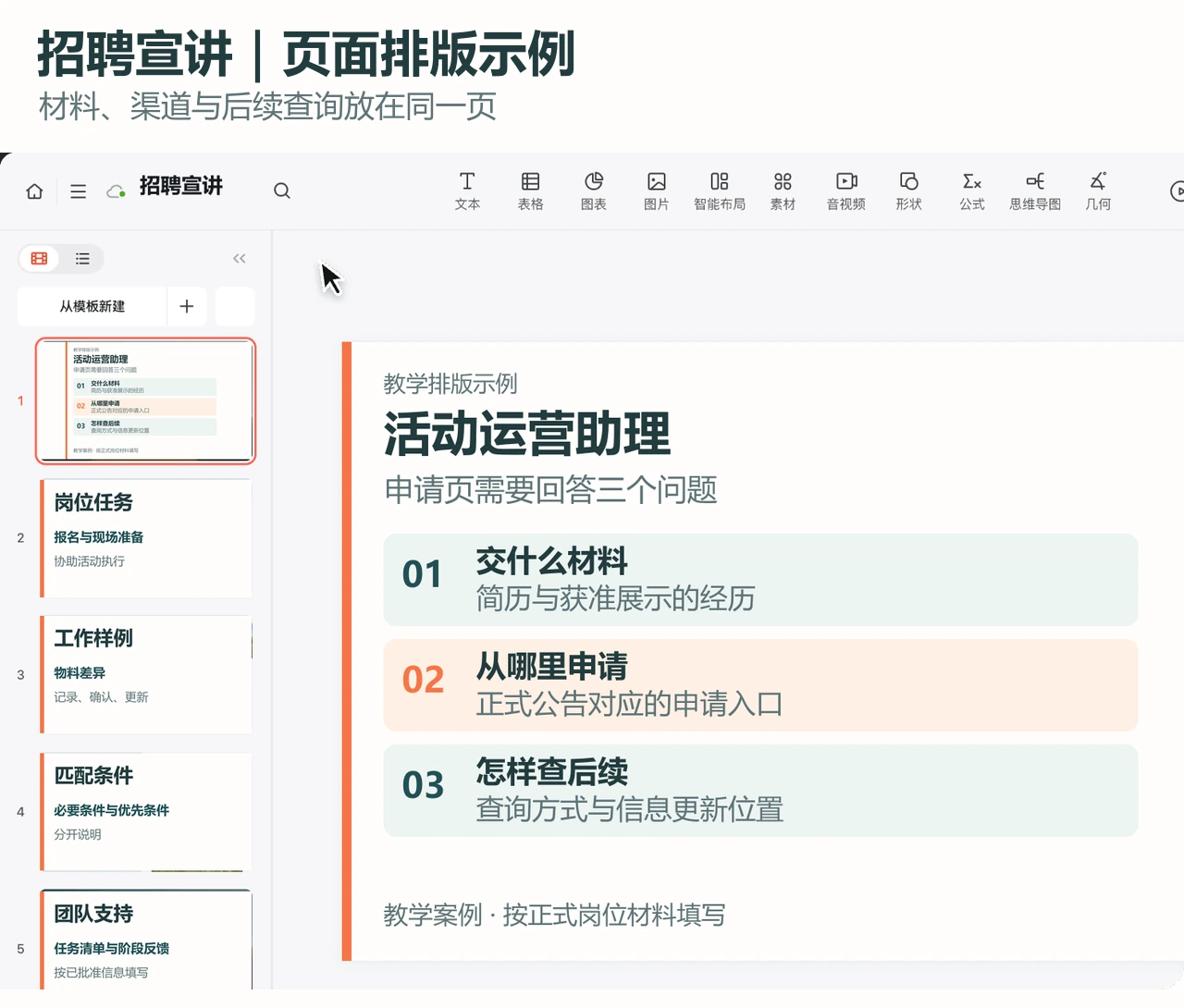 招聘申请页排版示例,清楚列出材料、渠道与查询方式