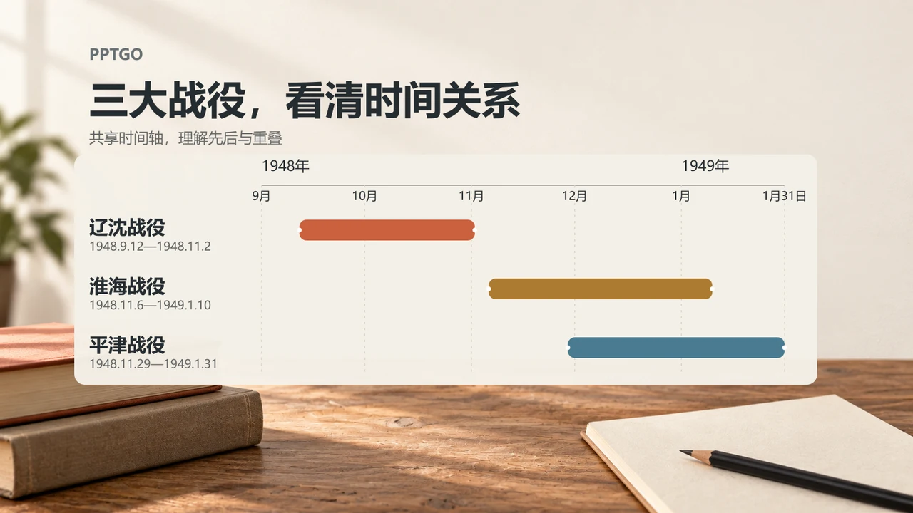辽沈、淮海和平津战役的共享时间轴，展示三场战役的起止日期与时间重叠
