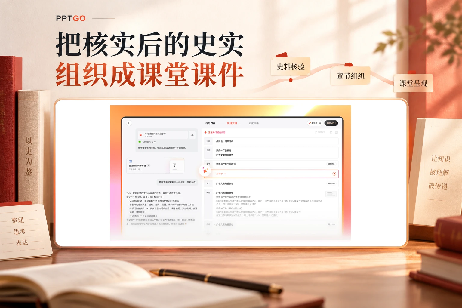 PPTGO大纲创建界面与史料核验、章节组织、课堂呈现步骤