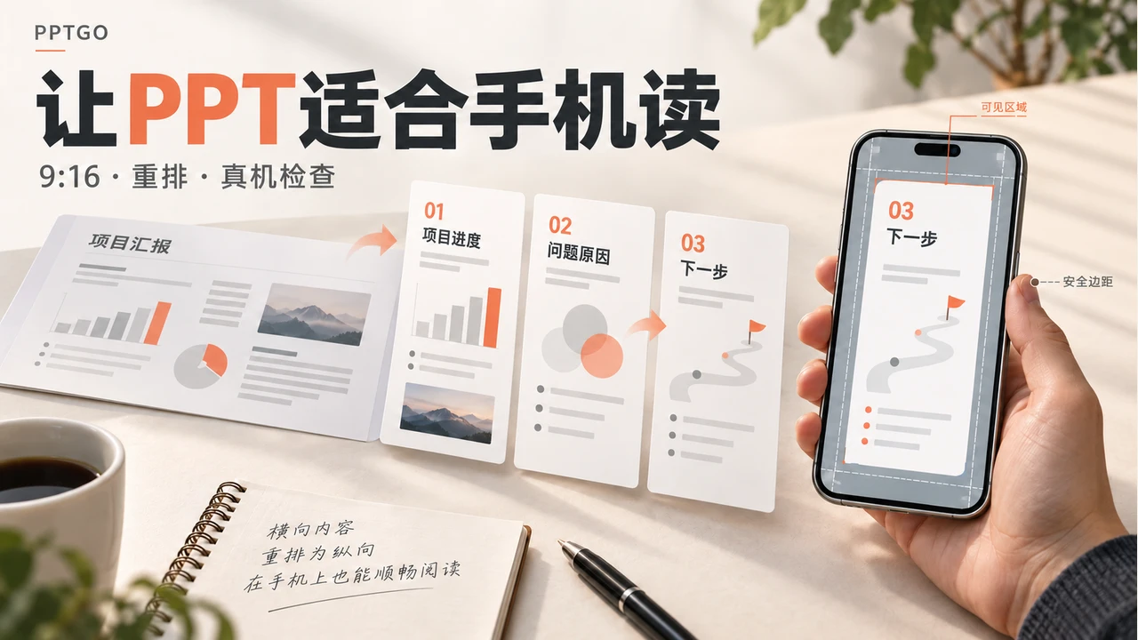横向PPT重排为三张9:16卡片，手机预览标出可见区域和安全边距