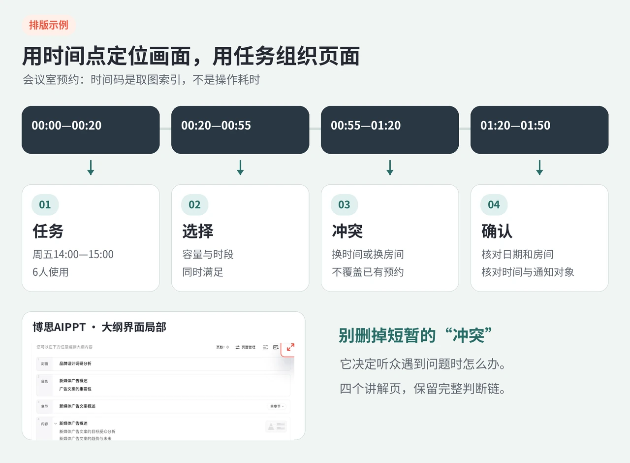 会议室预约视频时间点对应任务、选择、冲突和确认四个讲解页