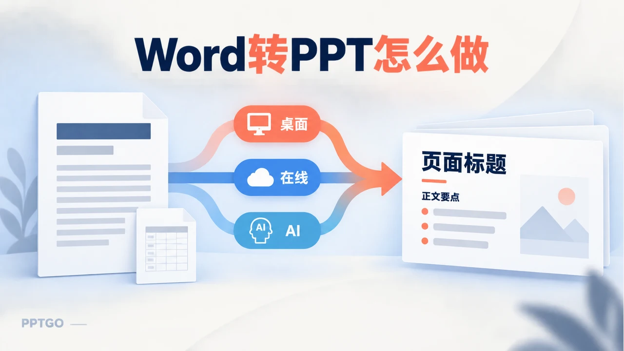 同一份Word文档经桌面、在线或AI路径整理为带标题和正文要点的演示稿